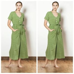 Ace&Jig Lyle Wide Leg Jumpsuit Medium Palm Green Striped Belted Button Pockets